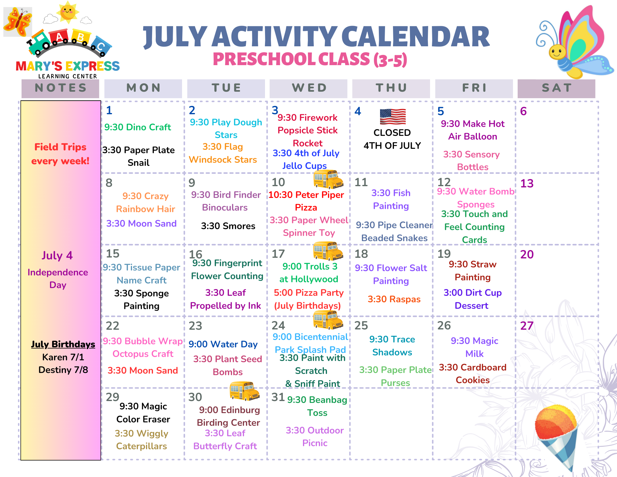 PreSchool 2024 Summer Calendar