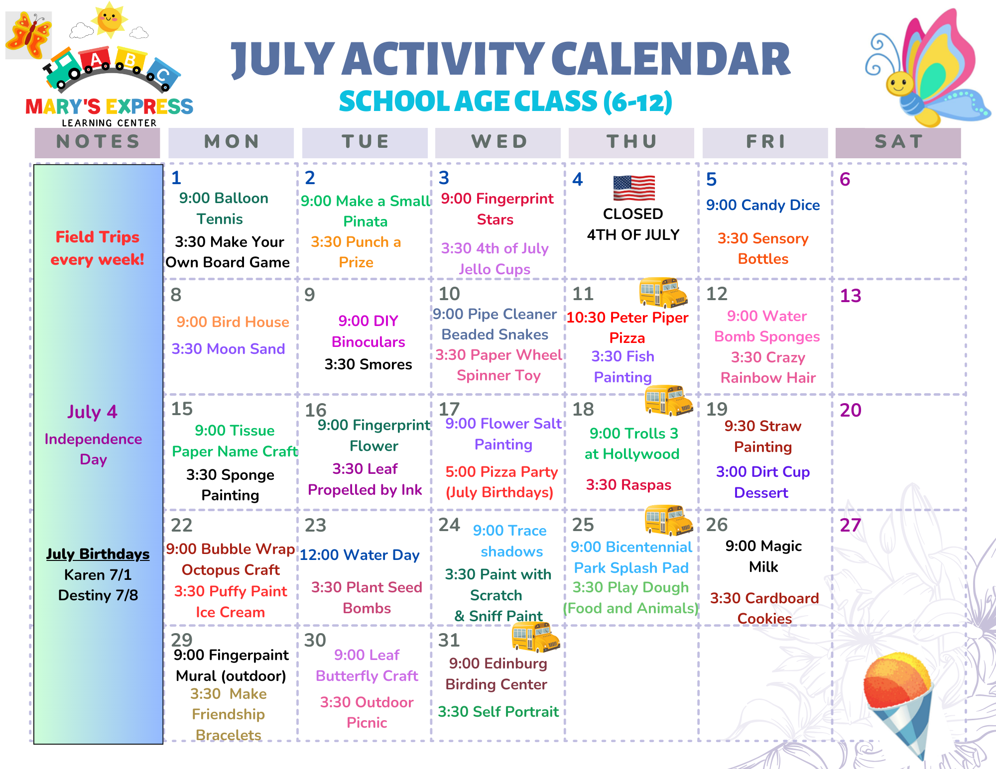 School Age 2024 Summer Calendar